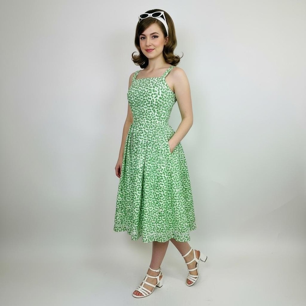 1960s Lanz Original Cotton Dress, Green Flower Print, Pockets, Smocked Bodice